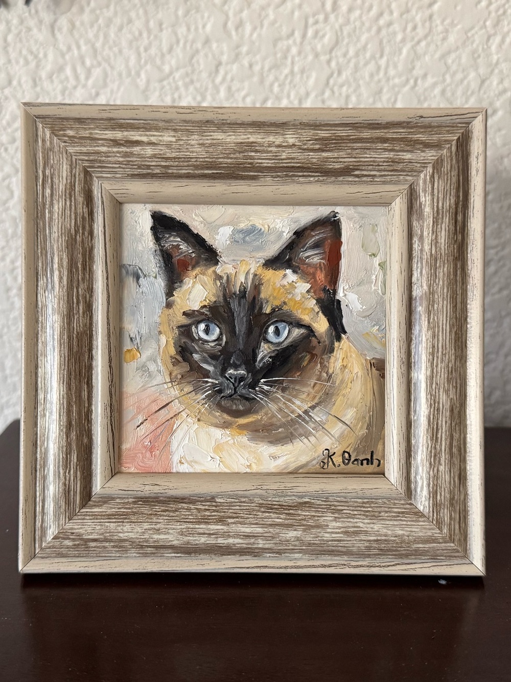 Original oil painting Siamese cat portrait signed framed 4x4 inches